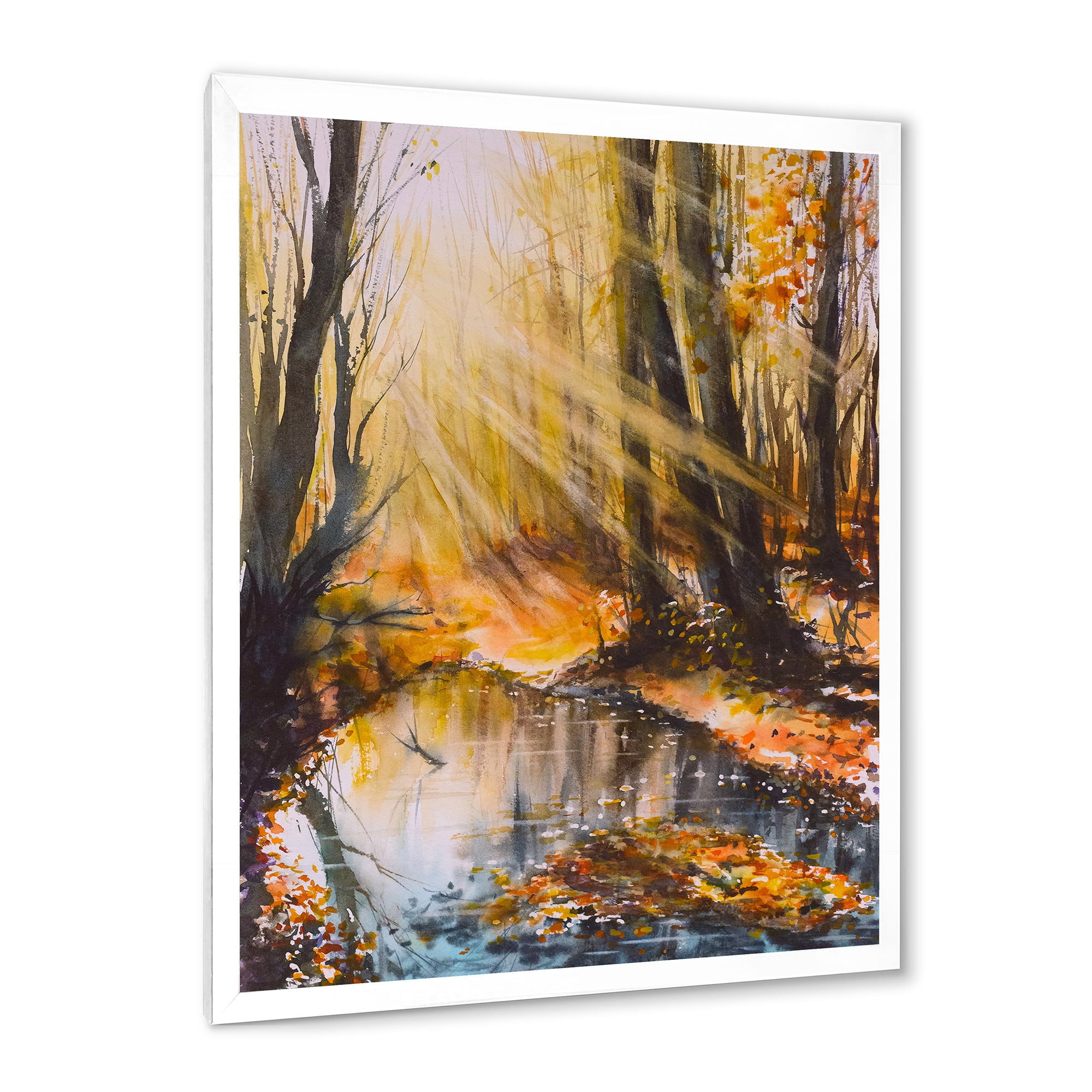 Designart 'Bright Sunshine Through The Brown Forest Trees' Lake House Framed Art Print