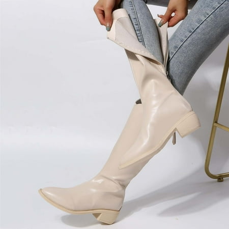 

Zunfeo Women Faux Leather Boots- Casual Knight Boots Low-heeled Fashion Warm Solid Pointy Toe Boots Christmas Gifts Clearance White 6