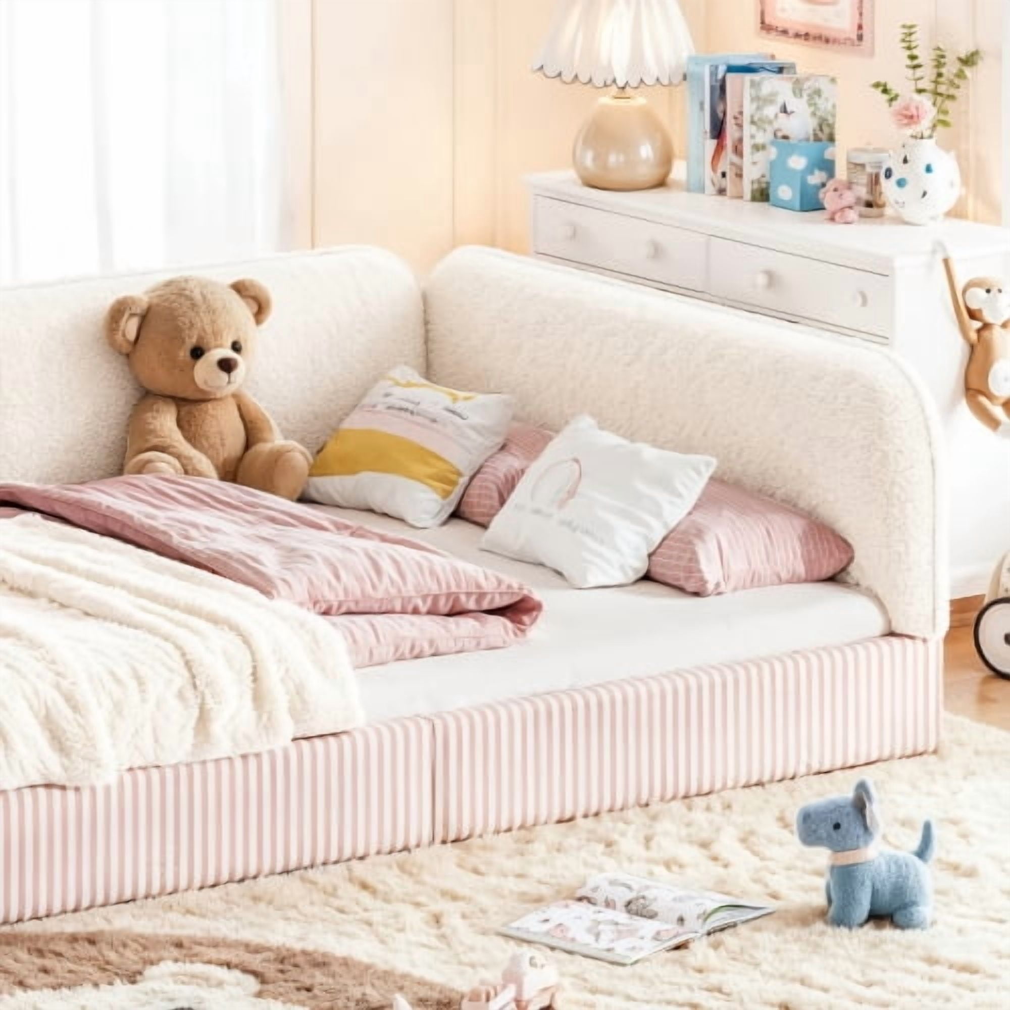 Full Size Upholstered Teddy Fleece Floor Bed Frame, Half-Enclosed Montessori Low Profile Platform Bed with Full-Perimeter Guardrails for Kids, Beige