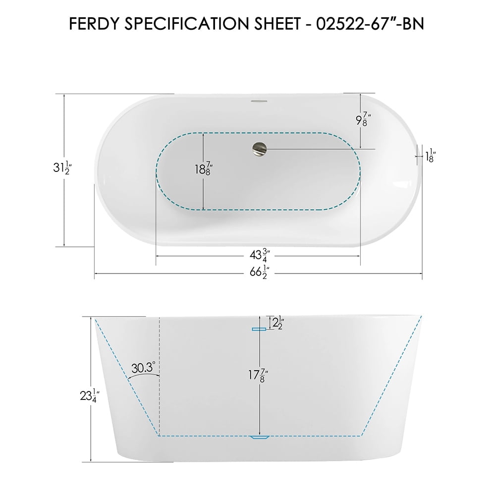 Kepooman Modern Stand Alone Soaking Tub with Brushed Nickel Drain & Overflow Hole, 66.5 x 31.5in Kepooman Modern Stand Alone Soaking Tub with Brushed Nickel Drain & Overflow Hole, 66.5 x 31.5in