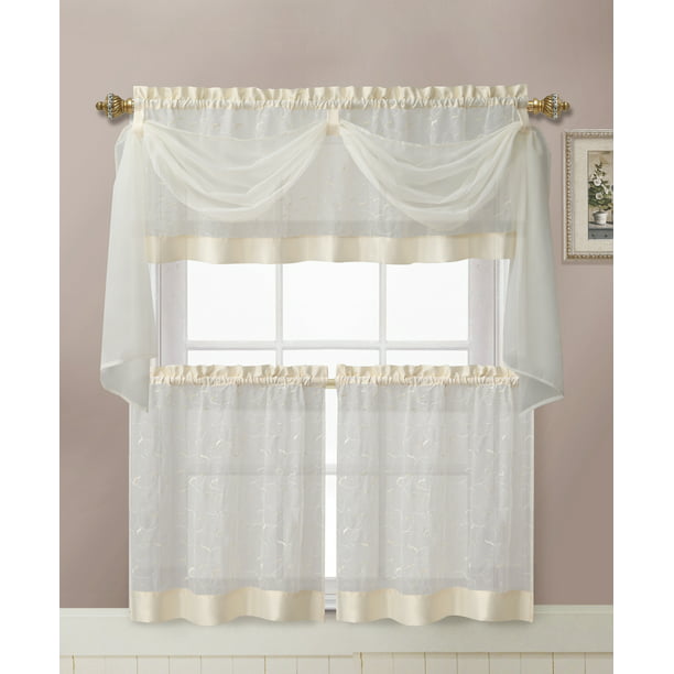 VCNY Home Linen Leaf Embroidered Complete Kitchen Curtain Set - Beige ...