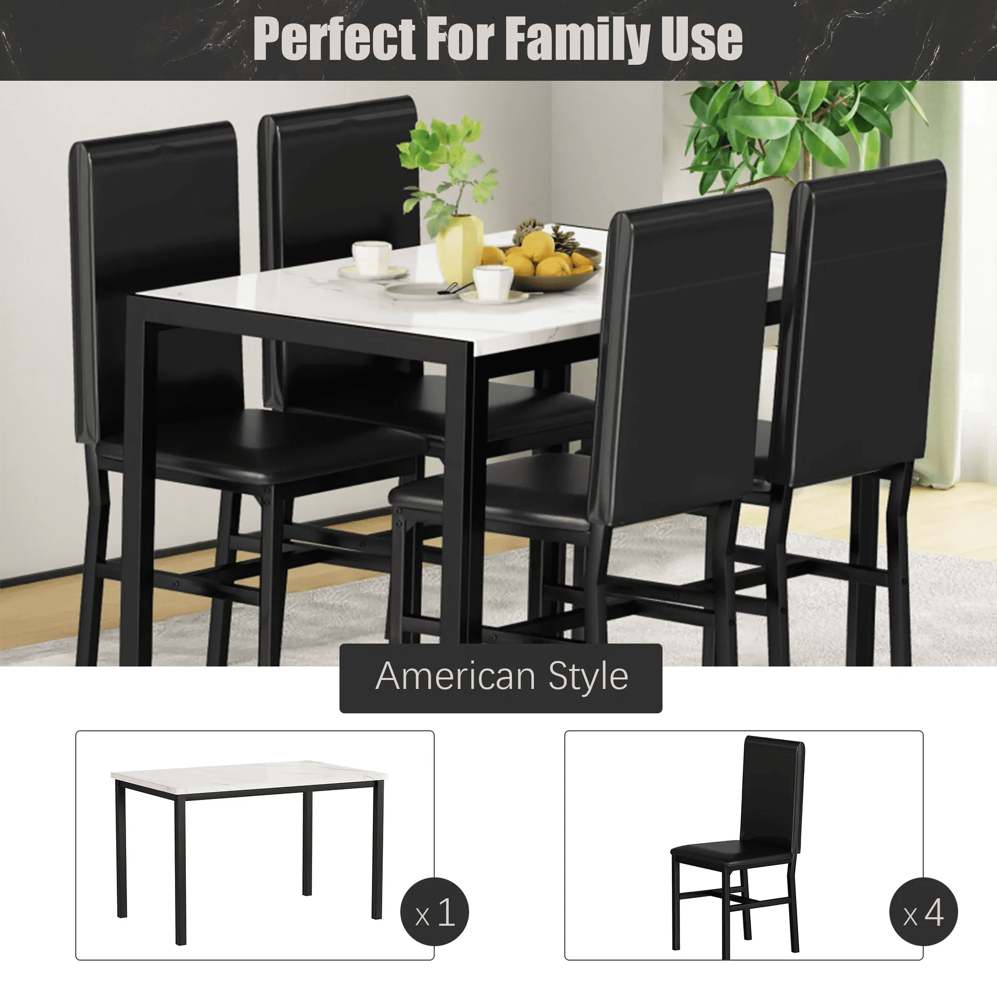Dining Room Table Set for 4, Kitchen Table Set with 4 Upholstery Chairs, Modern Faux Marble Top Finish Dining Set for Bar, Breakfast Nook, Black