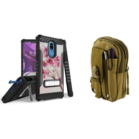 BC Tri Shield Series Compatible with LG Stylo 5 (2019) Case Military Grade Certified Rugged Cover (Cherry Blossom) with Tactical MOLLE Organizer Travel Pouch (Khaki) and Atom