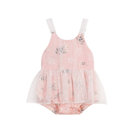 

jaweiw Newborn Summer Mesh Romper Baby Girls Sleeveless Plant Pattern U-shaped Neck Lace Trim Playsuit