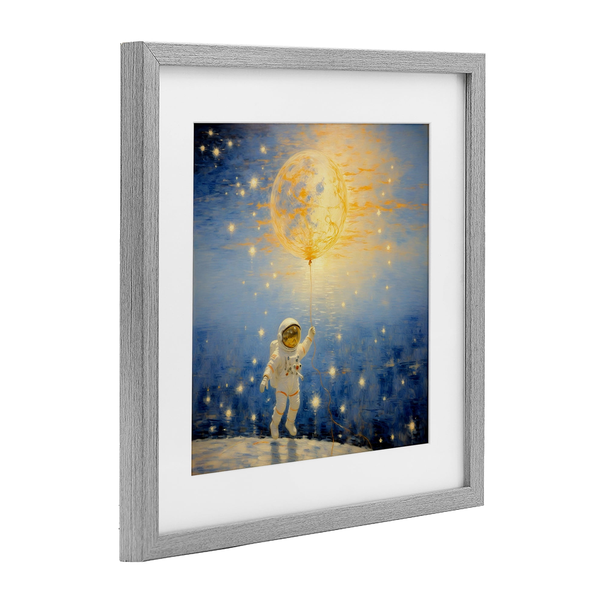 Astronaut with Dreamy Cosmic Balloon Gray Framed Print Under Glass, design by Angie Hawke