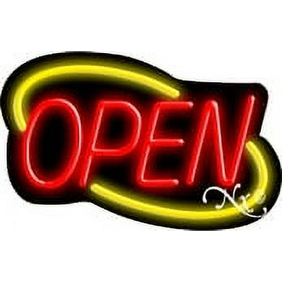 Deco Style Red Open With Yellow Border LED Neon Sign 14" Tall x 22" Wide, Black Square Cut Acrylic Backing, with Dimmer - Bright and Premium built indoor LED Neon Sign for storefront.