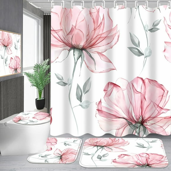 4-Piece Cherry Print Shower Curtain Sets Red Vibrant Cherries Green Leaves Design Bathroom Set with Shower Curtain and Rugs, Four Seasons Woven Bath Curtain with Hooks for Home Decor
