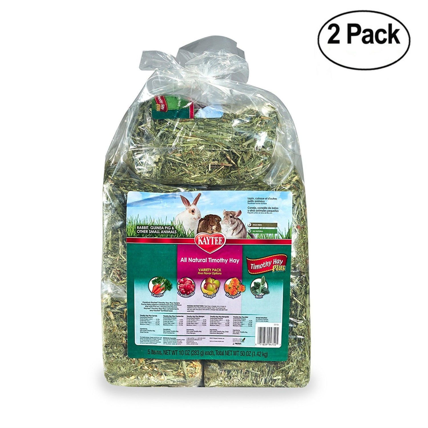 Kaytee All Natural Timothy Hay Plus Variety Pack for Rabbits & Small Animals Pack Of 2
