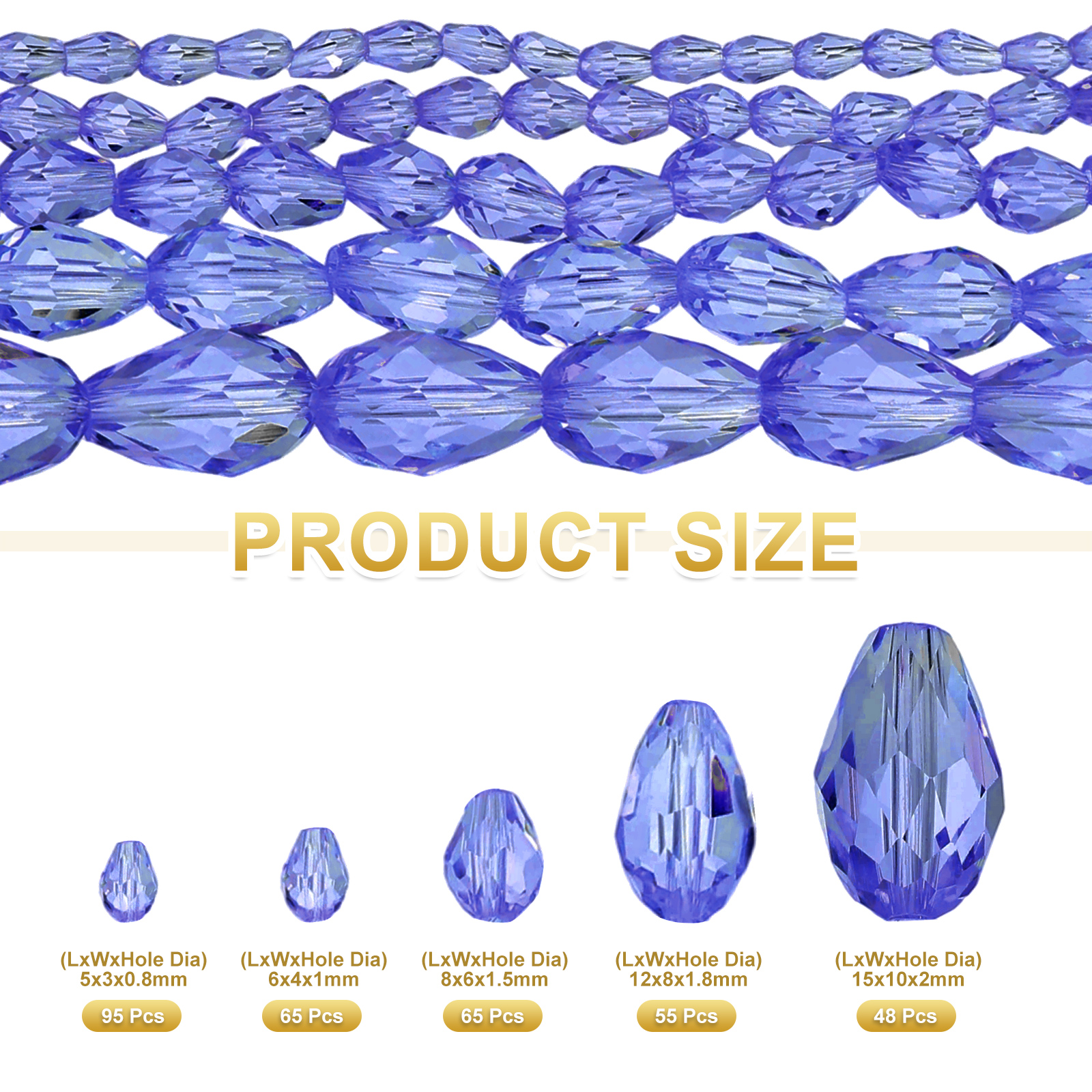 Uxcell 328 PCS Teardrop Crystal Glass Beads, 3x5mm 4x6mm 6x8mm 8x12mm 10x15mm Vertical Hole Faceted Glass Teardrop Spacer Beads for Necklace Bracelet DIY Jewelry Making, Light Blue
