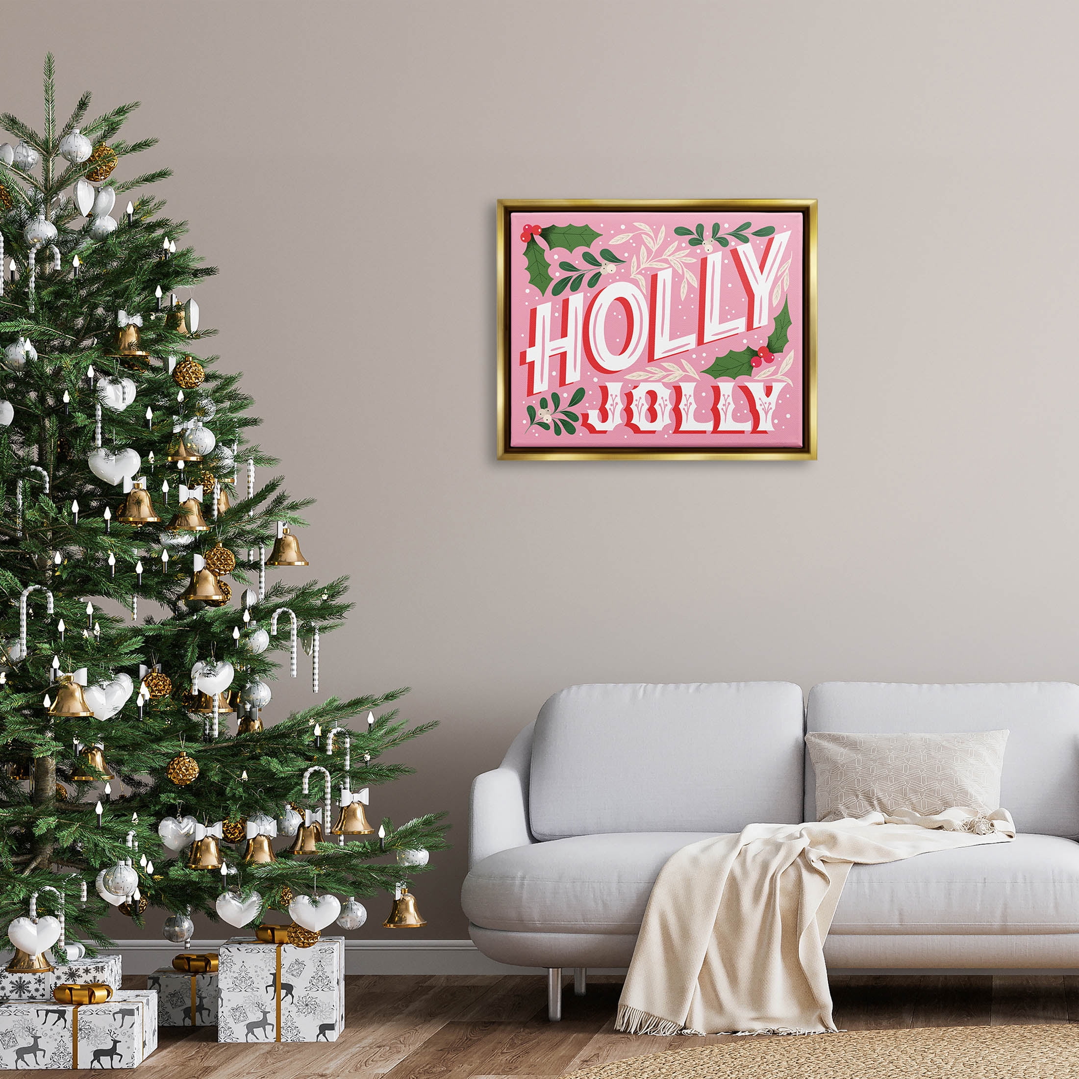 Stupell Industries Bold Pink Holly Jolly Phrase Graphic Art Metallic Gold Floating Framed Canvas Print Wall Art, Design by The Saturday Evening Post