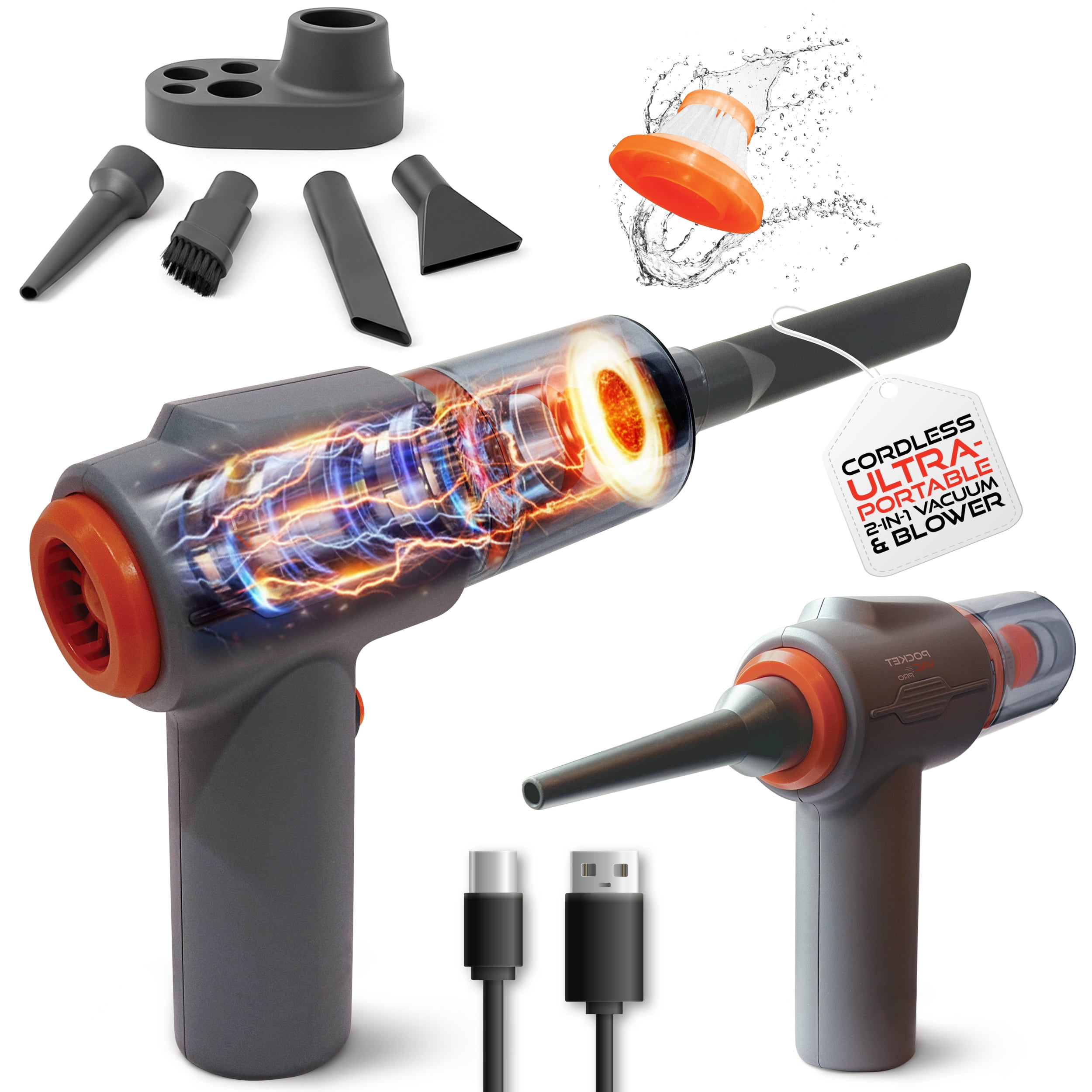 Pocket Vac Pro Cordless Handheld Vacuum , Blower with 3ft Telescoping Wand, USB Rechargeable