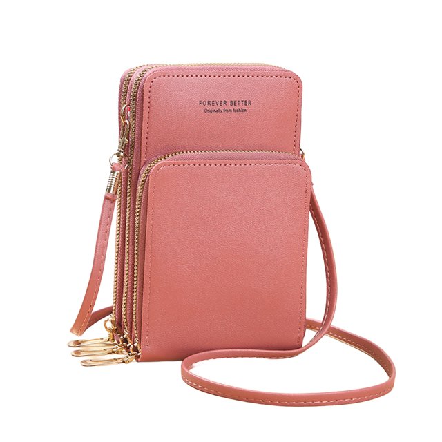 Visland Mobile Phone Bag with Transparent Screen-touching Window Sling Bag Multi Compartments Faux Leather Adjustable Strap Crossbody Wallet