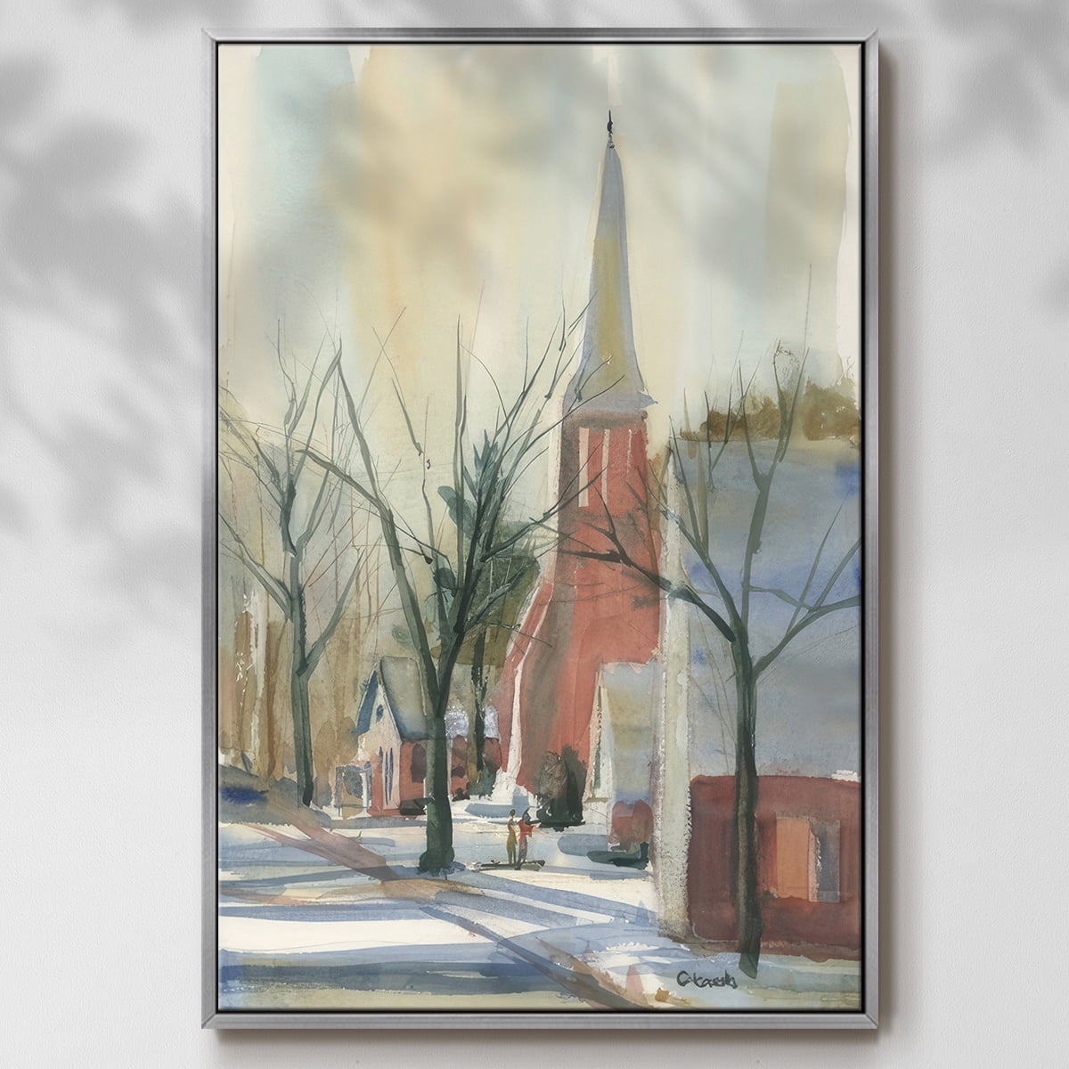 New England Main Street - Framed Gallery Wrapped Holiday Canvas - 17 x 25 - Silver Frame