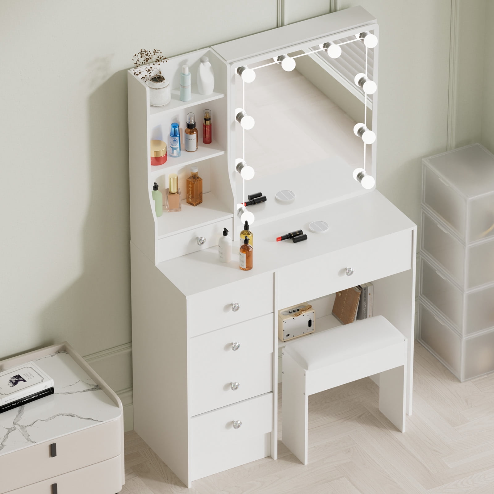 Caulitar Vanity Set with Mirror & Lights, Adjustable Brightness, Makeup Vanity with Chair and Storage, White