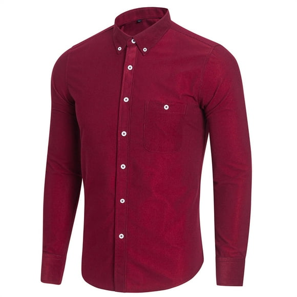 yievot Dress Shirts for Men Corduroy Casual Lapel Button Button Chest Pocket Solid Color Long-sleeved Men's Shirt