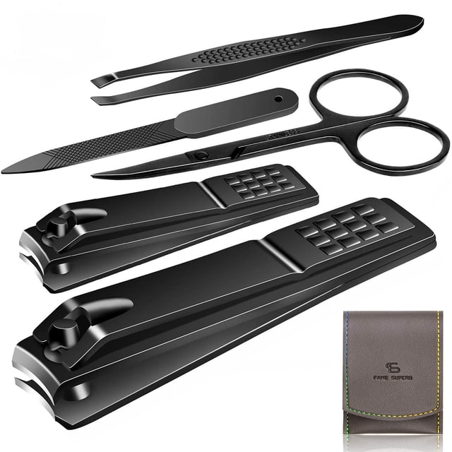 Kit de manicura y pedicura, cortaúñas, uñas de manos y pies, tijeras Vibrissac, 5 piezas, las mejores herramientas de cuidado para hombres y mujeres con estuche de viaje (gris/negro_A) (gris/negro_A)