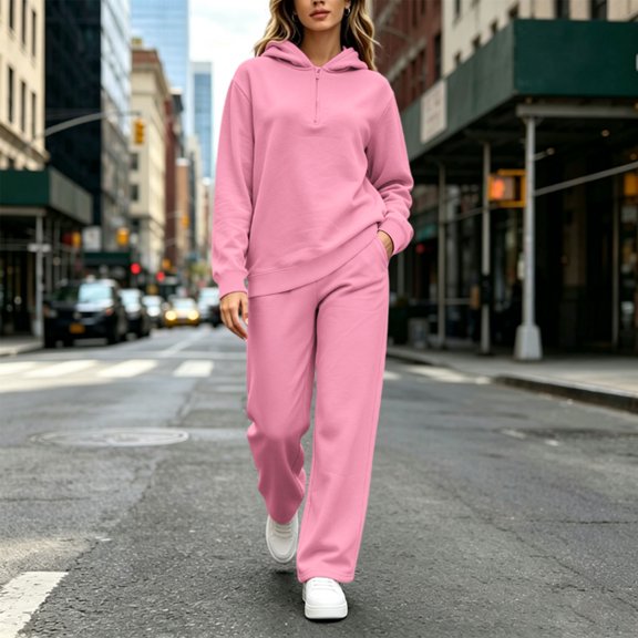 BRGZLK Women Long Sleeve Sweatsuit Fall Winter Fashion Oversized Half Zip Sweatshirt and High Waisted Wide Leg Pants 2 Piece Outfits Casual Workout Travel Lounge Set Pink L