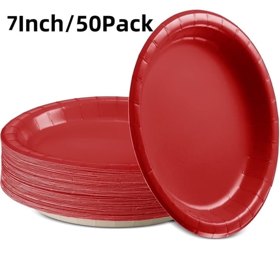 50 PCS Paper Plates,Red Heavy Duty Party Plates,Round 7 Inches Disposable Paper Dinner Plates,Everyday Use Paper Plates Set for Daily Meals Wedding Christmas Picnic Supplies