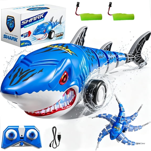 Remote Control Shark Car with 2 Batteries,2.4GHz RC Shark Truck Car Toys with Music,Lighting Effect,360° Rotating Stunts RC Car Toy for Kids 6-12
