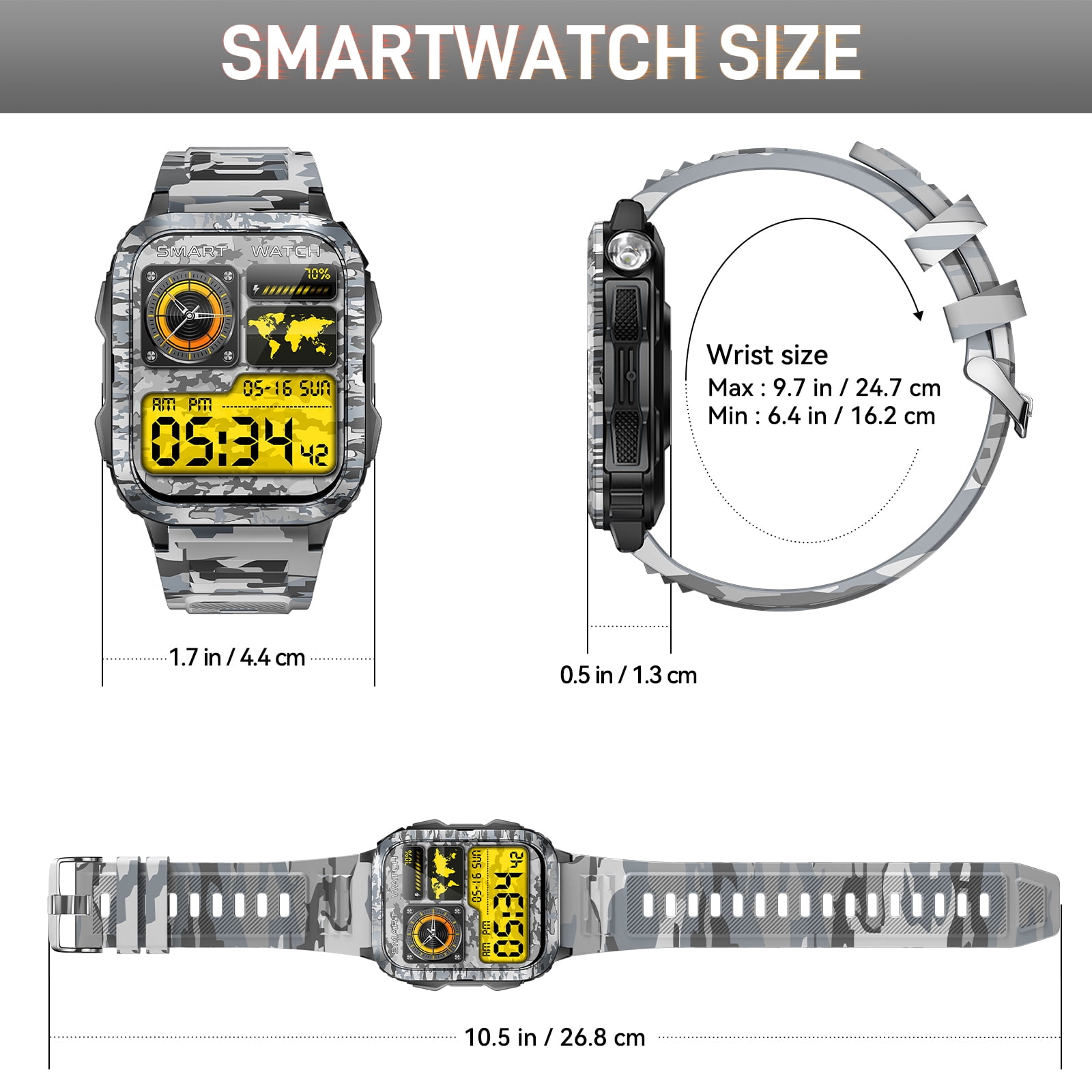 XAXRE KT79 Smart Watch for Men with 1.96" Big Screen LED Flashlight/UV Light 3ATM Waterproof Rugged Smartwatch with Text and Call for iOS Android, 1pc