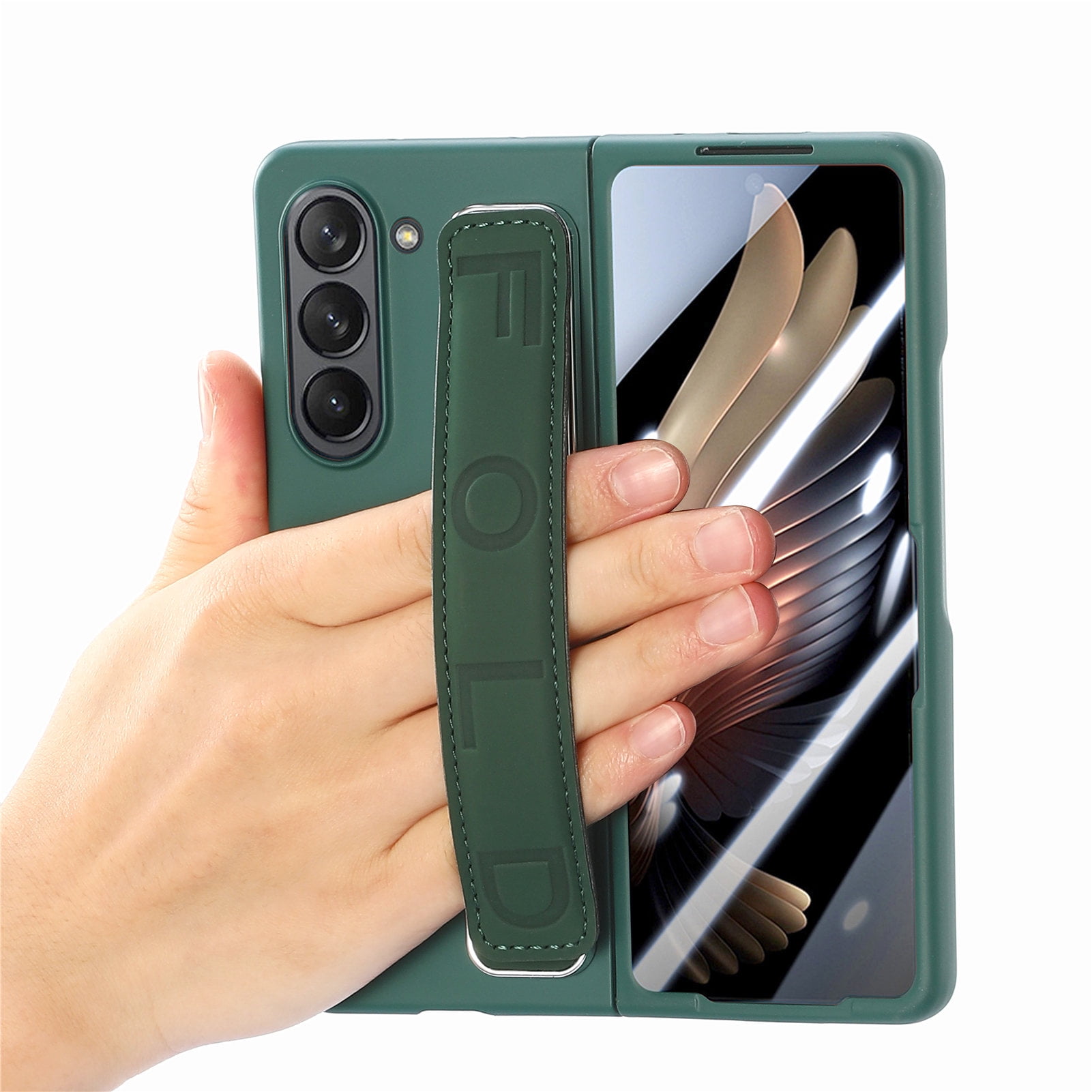for Samsung Galaxy Z Fold 5 Case with Strap, [Non Slip Silicone Touch] Slim Protective Phone Case with Elastic Finger Wristband, Shockproof PC Cover for Samsung Galaxy Z Fold 5 2023 - Dark Green