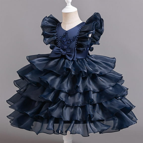 Formal A-Line Dresses for Girls Size 3-12 Layered Ruffle Sleeve Bowknot High Waisted Solid Performance Evening Party Prom Tutu-Dress