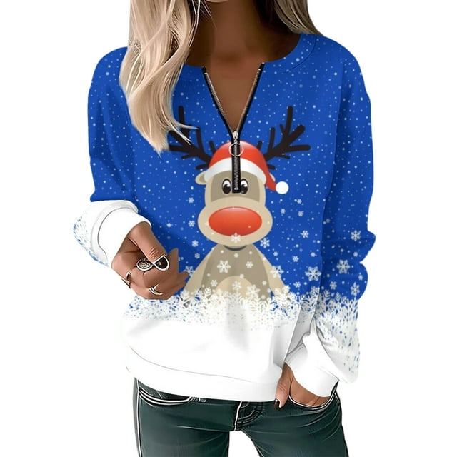 Innerwin Pullover Christmas Ladies Xmas Tops Work V Neck Casual Sweatshirt Navy Blue M