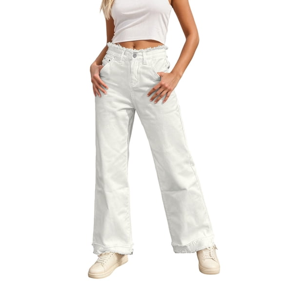 Bibifish Womens Jeans Light Blue Wide Leg Denim Pants Fringe Trim High Waist Side Pocket Relaxed Fit Casual Weekend Daily Wear Stylish Jeans