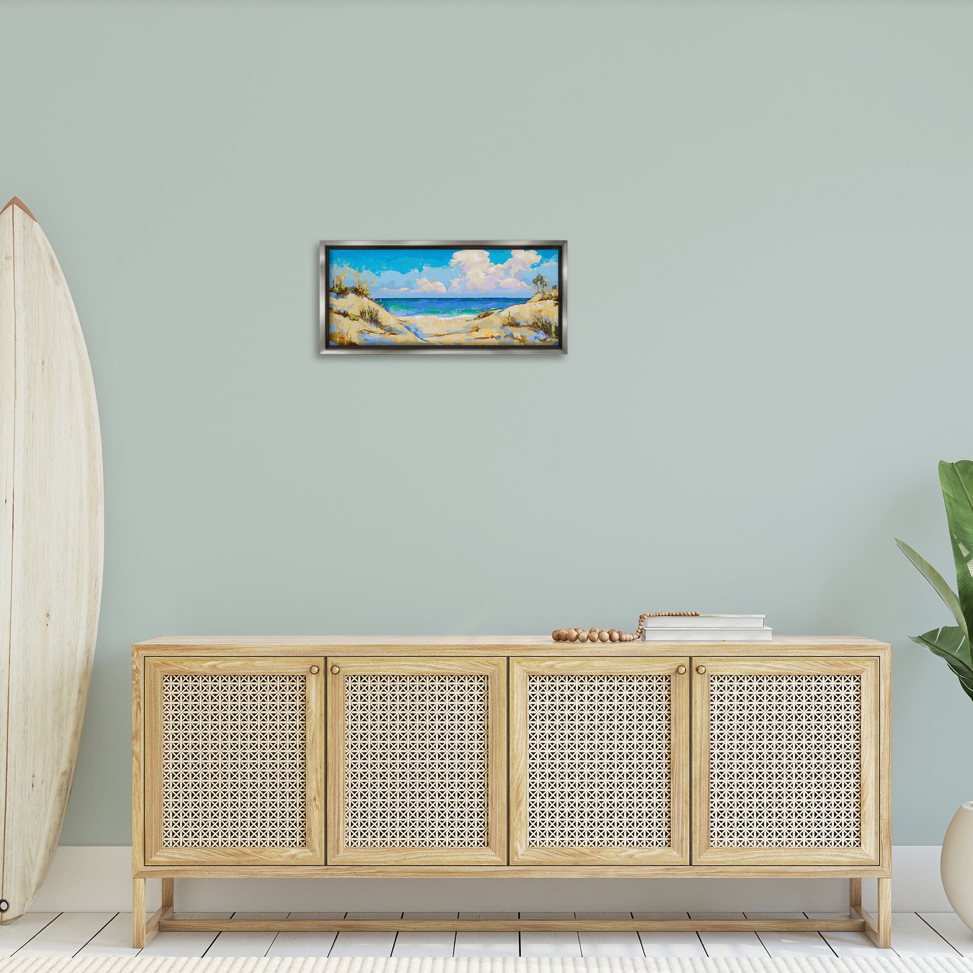 Stupell Industries Cloudy Beach Painting Landscape Painting Gray Floater Framed Canvas Art Print Wall Art, 25 x 11