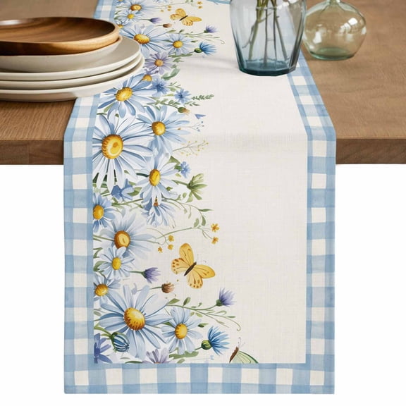 Table Runner 36 Inches Long for Kitchen Dining, Blue Daisy Floral Dresser Scarf Farmhouse, Dining Table Decorations for Wedding/Parties, Spring Country Flower Butterflies Plaid 13 x 36 In