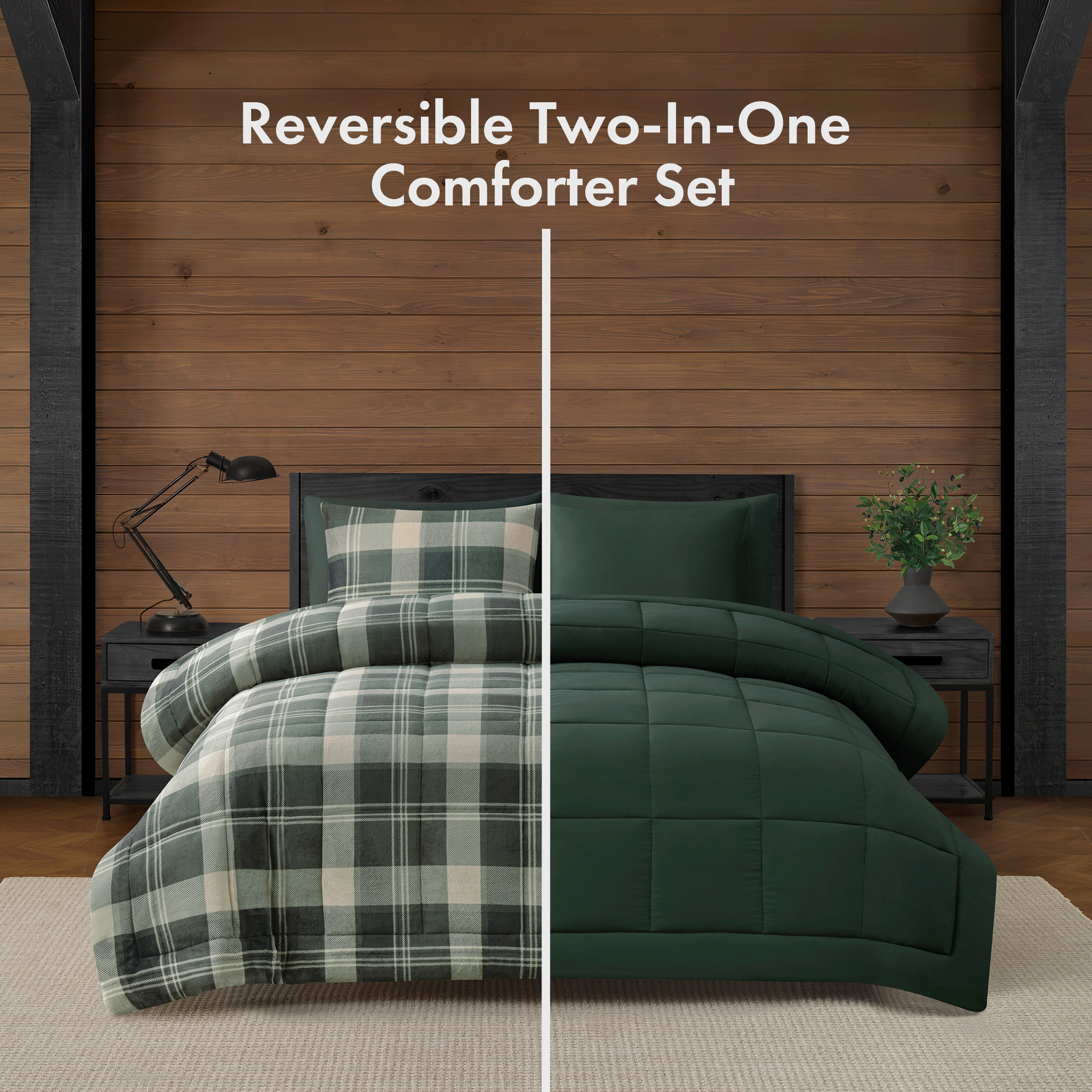 Pawz 3-Piece Fleece Comforter Set with Pillow Shams, Soft and Warm, Pine Green Plaid, King