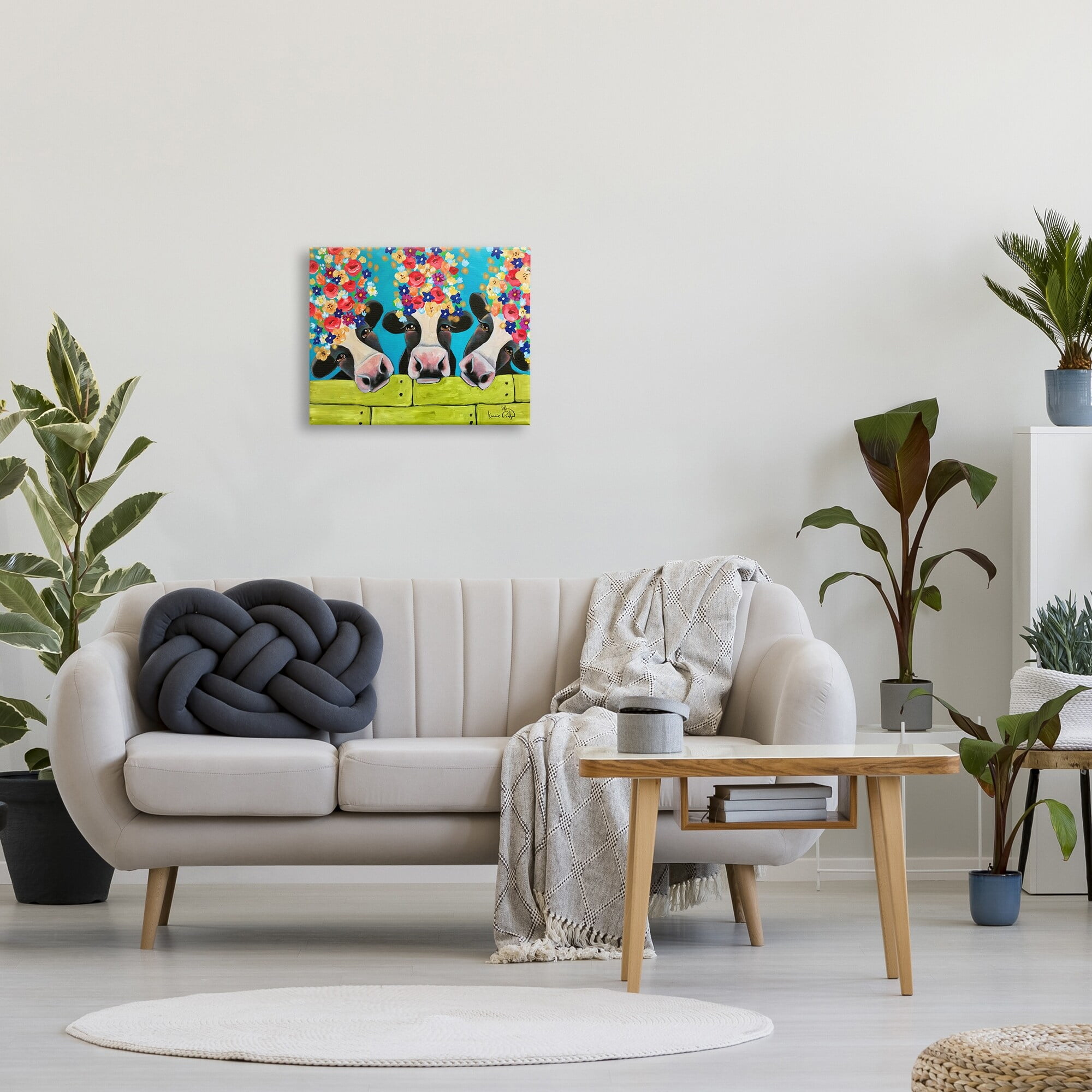 Stupell Industries Farm Cattle Cows Bright Flower Petals Green Planks Painting Gallery Wrapped Canvas Print Wall Art, Design by Karrie Evenson