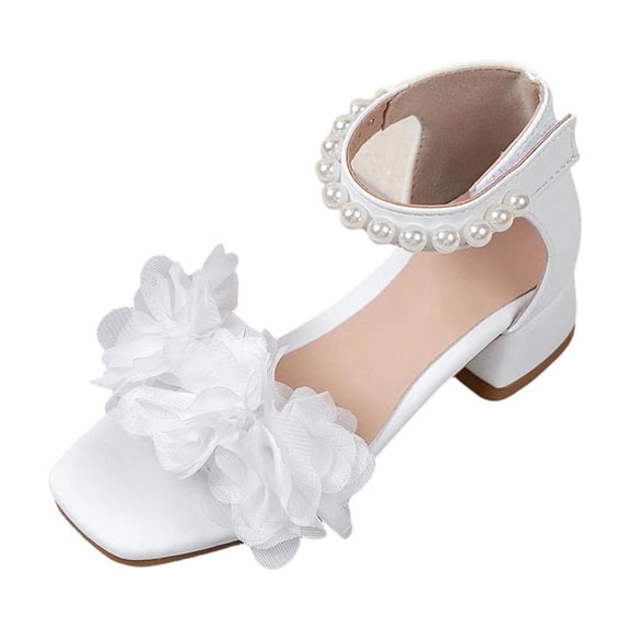 IVEYRTF Girls Summer Sandals Mid Heel Fashion Square Toe Sandals Flower Pearl Casual Adjustable Strap Dress Sandals