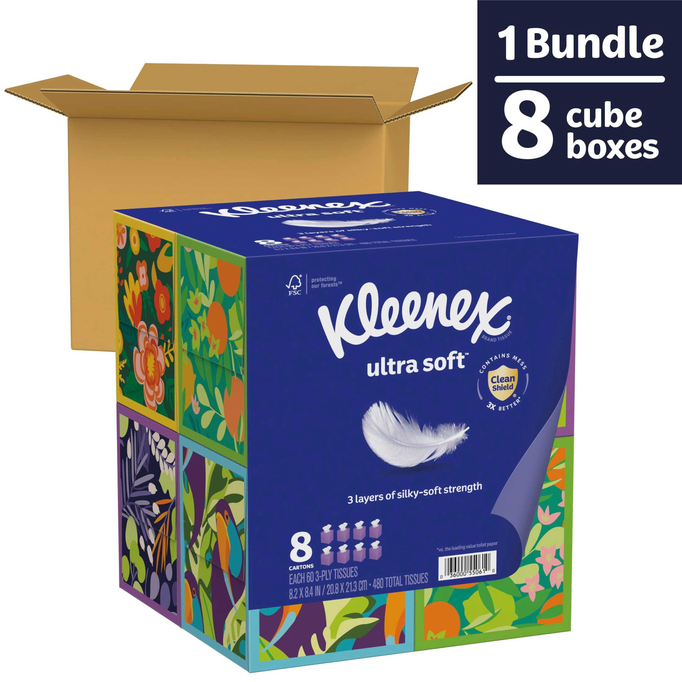 Kleenex Ultra Soft Facial Tissues, 8 Cube Boxes, 60 Tissues Per Box, 3-Ply