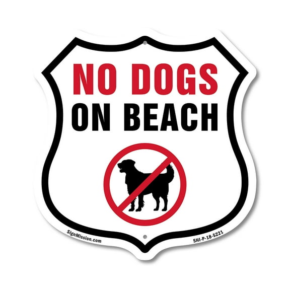 No Dogs on Beach 12 inch X 12 inch Shield-Shaped Rust-Free Aluminum Metal Sign Weather Resistant Made in the USA