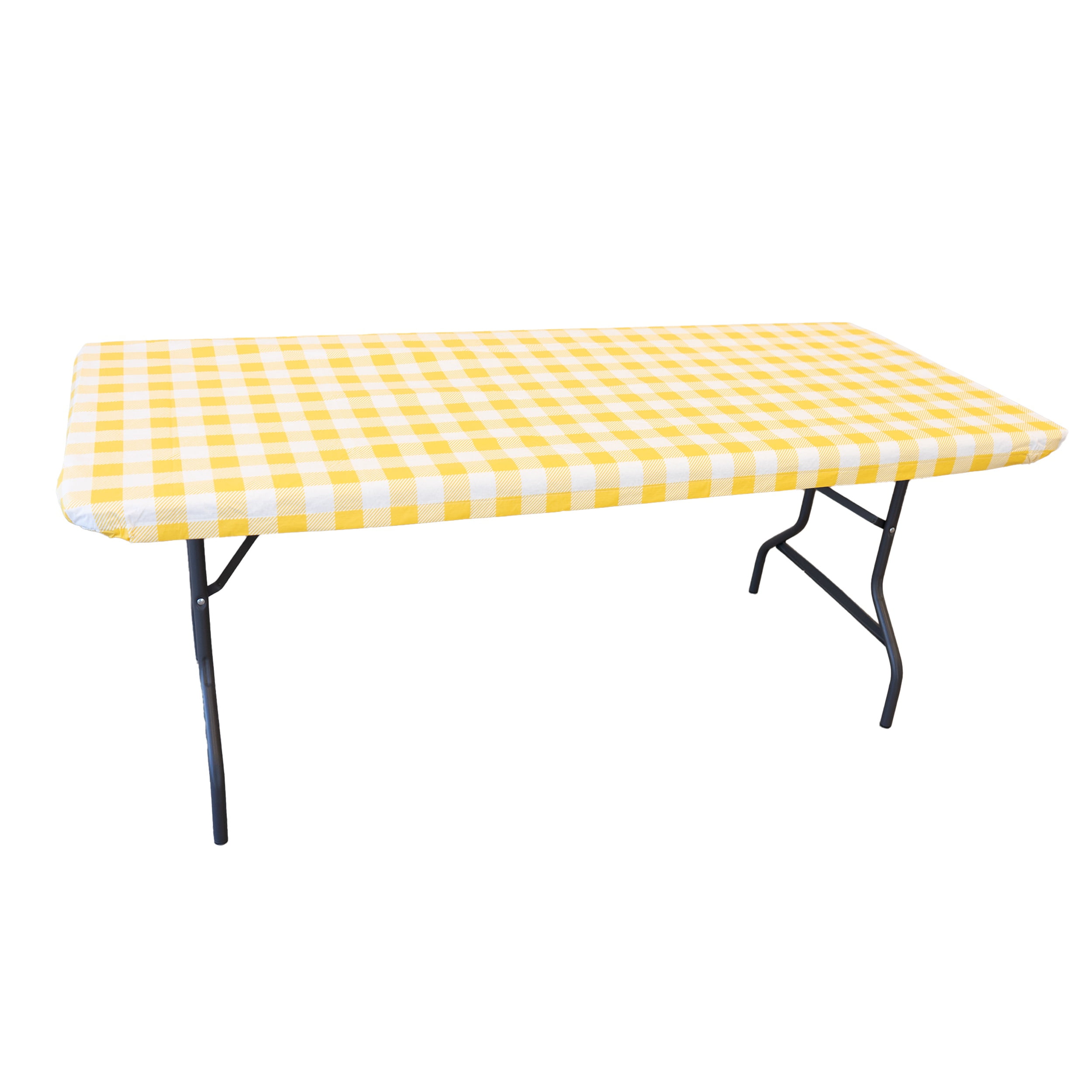 Waverly Inspirations Rectangular Elastic Fitted Table Cover Waterproof Vinyl Tablecloth With Flannel Backing, 6Ft Table, 72" x 30", Gingham Yellow, 8 PK