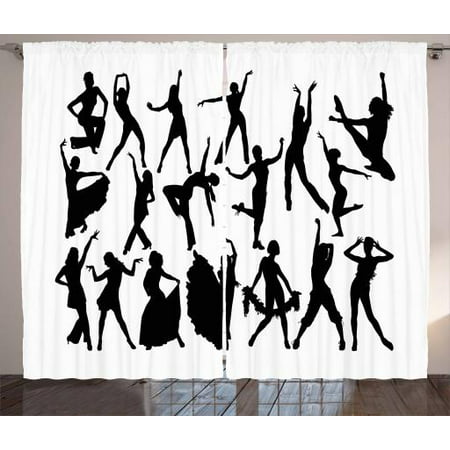Black and White Curtains 2 Panels Set, Dancers Silhouette Modern Latin Hip Hop Tango Jazz Ballroom Salsa, Window Drapes for Living Room Bedroom, 108W X 108L Inches, Black and White, by