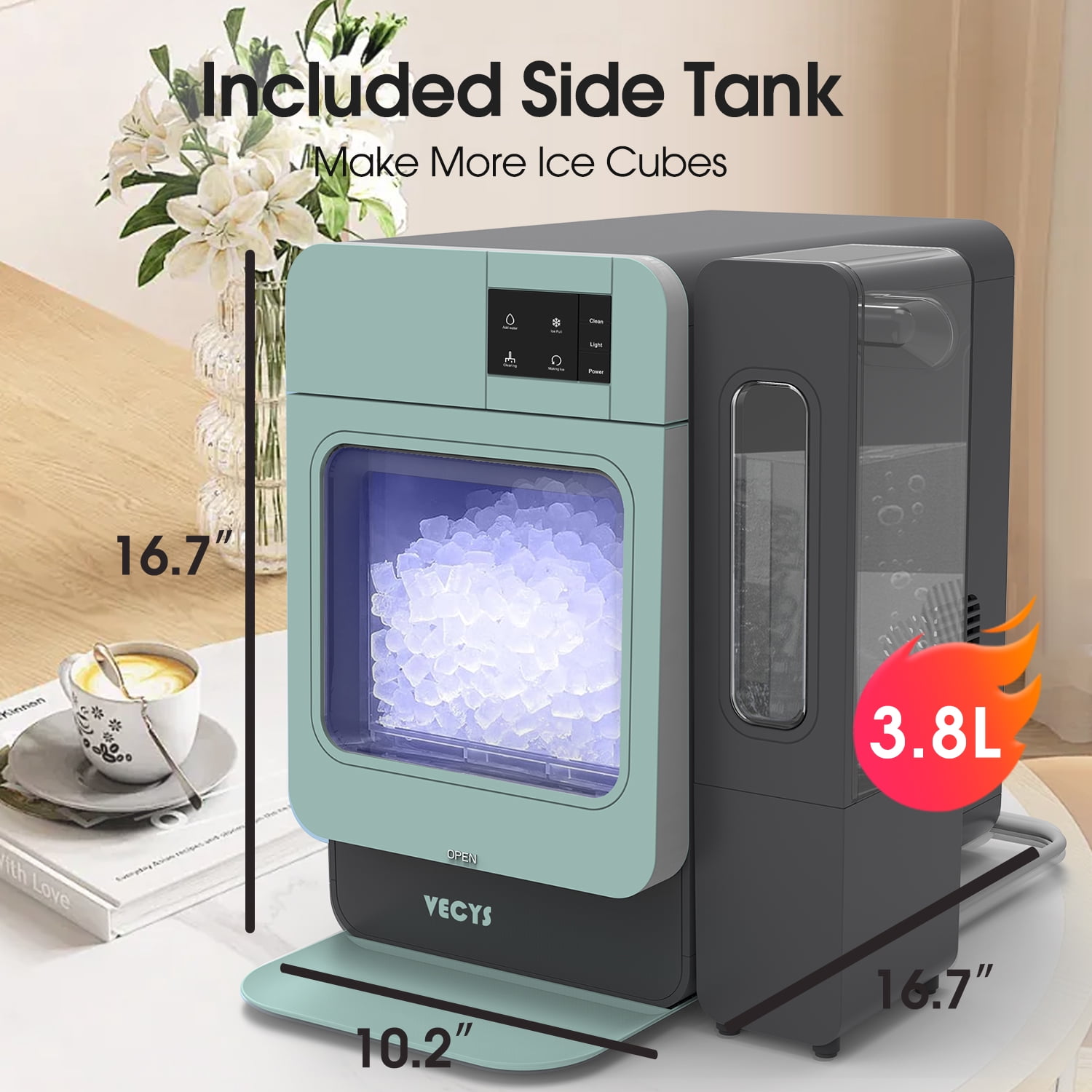 VECYS Nugget Ice Maker W/ Side Water Tank, 44LBS/Day Self-Cleaning, Sage