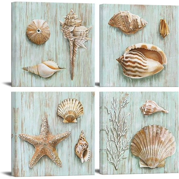 4 Panels Beach Canvas Wall Art Seashell Starfish Counch Home Decor Ocean Theme Pictures Rustic Teal Painting Prints on Canvas Seascape Artwork for Bathroom Decor 12x12inchx4Pcs