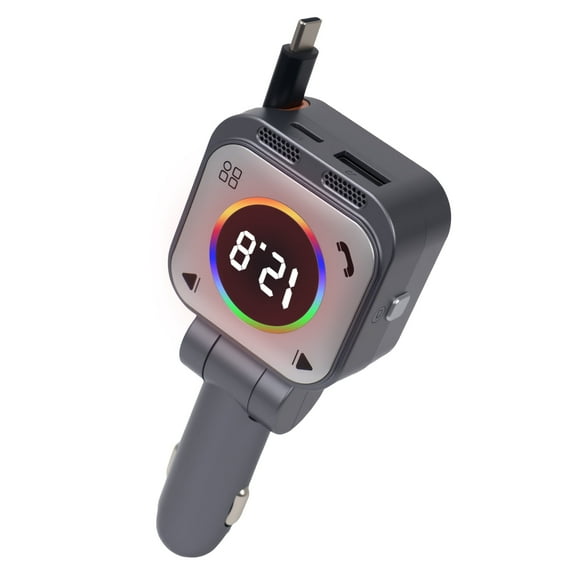 Car charger with Bluetooth, MP3 player, FM transmitter, retractable cable, 45W fast charging, and super fast charging