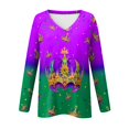 thumbnail image 6 of Mardi Gras Shirts for Women Feathers Print Mask Print Long Sleeve T Shirts Sparkly V Neck Holiday Graphic Tee Green L, 6 of 6