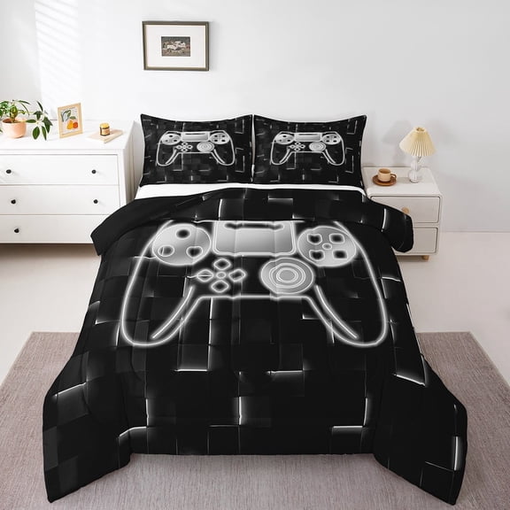 Erosebridal Abstract Gamepads Bedding Twin Comforter Set,Gradient Ombre Down Comforter,Geometric Plaid Bedding Sets Twin with Comforter,Breathable Video Game Bedroom Decoration,Reversible,3pcs