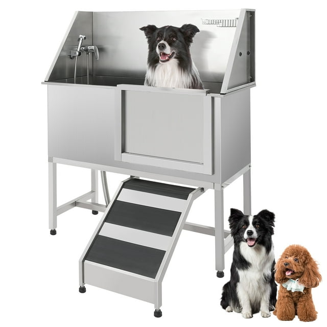 Stainless Steel Dog Grooming Tub - 50in Professional Bath with Right Sliding Door & Ramp (Polished Silver) for Small/Large Dogs
