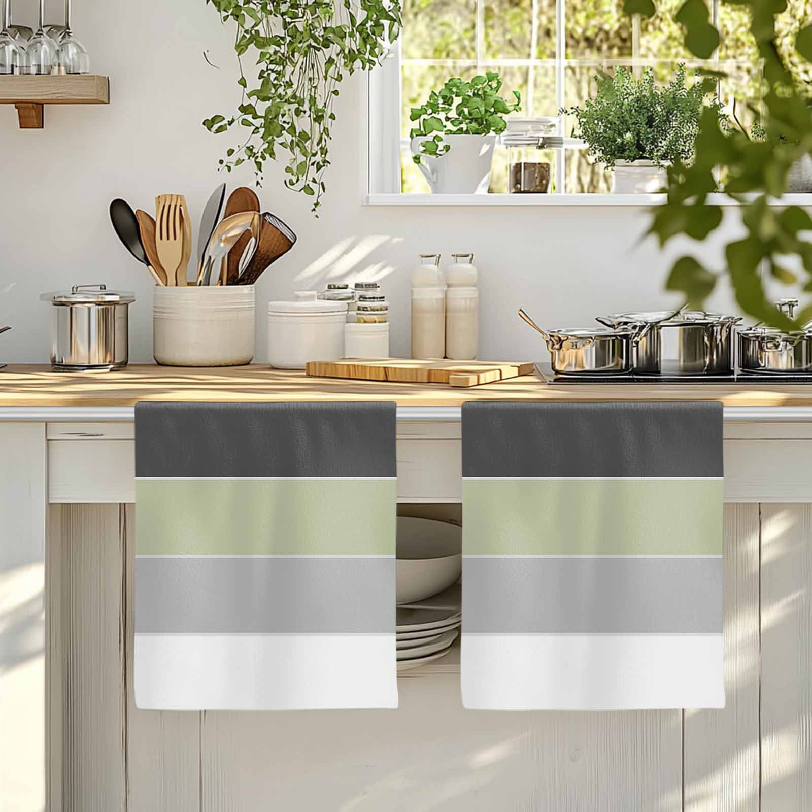 Grey Green Striped Kitchen Towels Set of 2, Farmhouse Modern Soft Microfiber Dish Towels, Absorbent Quick-Dry Washable Dishcloths for Kitchen Cleaning, Drying Dishes, 18x28 Inches