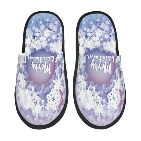 

Noikeo Round Snow Merry Christmas Pattern Cozy Slippers Indoor for Women and Mens Fuzzy House Shoes Soft Plush Warm Slip-on Slippers-Large