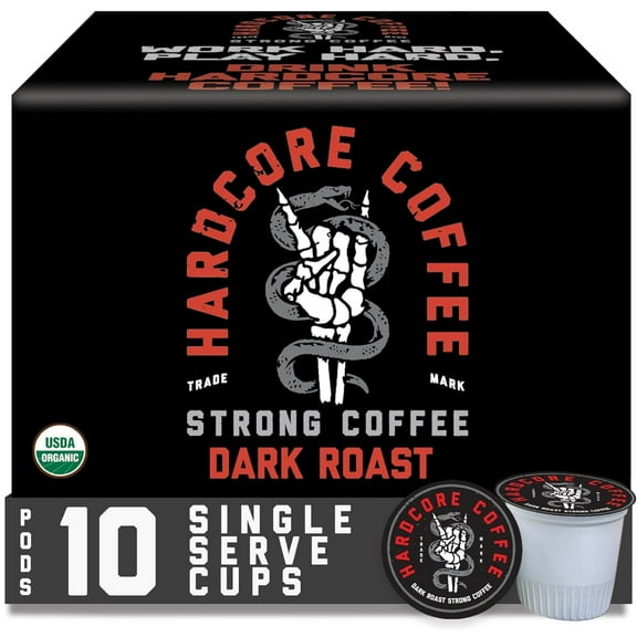 Hardcore Single Serve Coffee Pods for Keurig K Cup Brewers, High Caffeine, Strong Roast, 10 Count