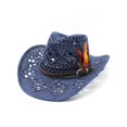 thumbnail image 2 of Uvwlwu Women Shapeable Hollowed Straw Cowboy Sun Hat Feather Decor Strap Breathable Lightweight Hat for Summer Daily Wear Camping Trip,15Navy,One Size, 2 of 4