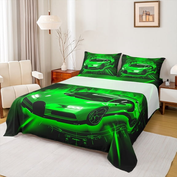 Homewish Sport Car Player Twin Sheet Sets for Boys, Speed Sports Lover Twin Fitted Sheet, Neon Green Cartoon Flat Sheet, Ultra Soft Bedroom Decor, 3-Piece