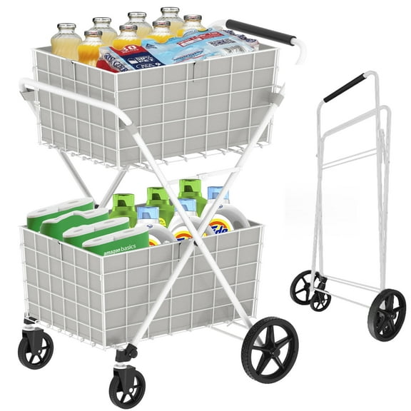 Yoneston 2-Tier Rolling Shopping Cart with 2 × 60L Baskets, 220 LBS Load Capacity Foldable Utility Cart for Groceries, Laundry, Kitchen, White