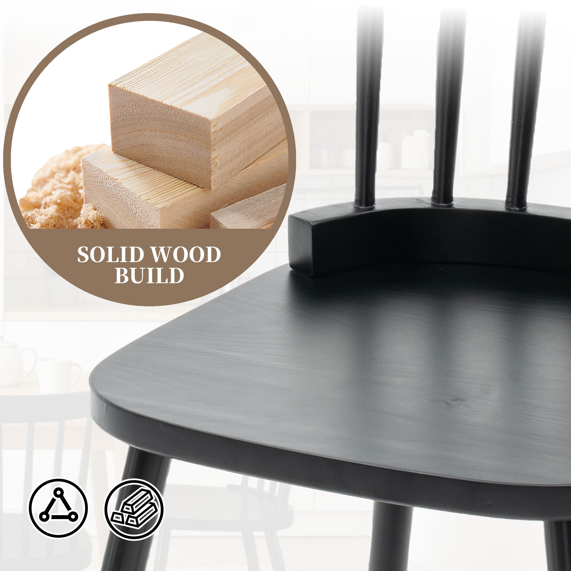 ClinQ Wooden Windsor Dining Chair Set of 4，Modern Classic Armless Kitchen Side Chairs with Sturdy Iron Legs for Dining Room, Black